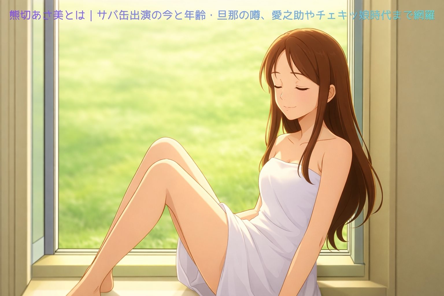 目をつむっている熊切あさ美が窓を背に座っているアニメイラスト